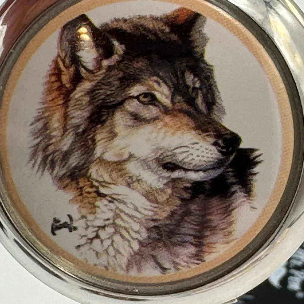Westminster Wolf Pocket Watch Silver‎ Tone Hunter Case Wildlife Graphic & Chain